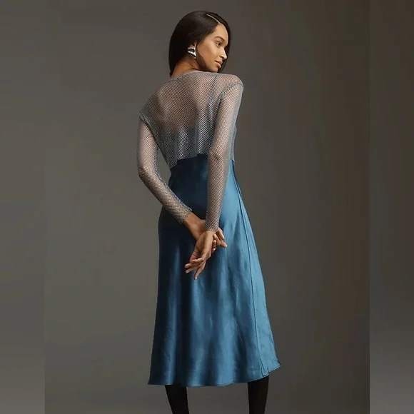 Anthropologie Dolan Dress Womens Extra Large NWT Mesh Satin Slip Twofer Midi - Picture 2 of 16